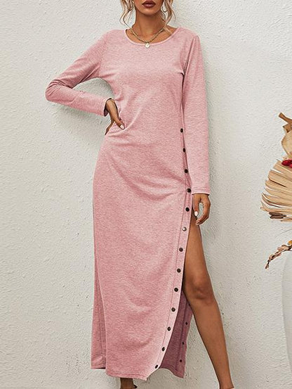 Women's Dresses Solid Long Sleeve Split Button Casual Dress - LuckyFash™