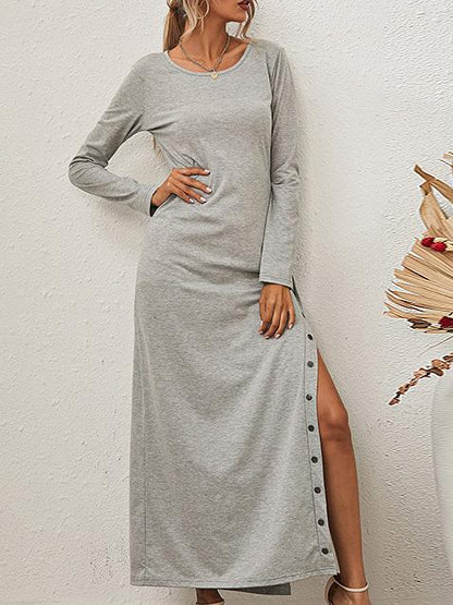 Women's Dresses Solid Long Sleeve Split Button Casual Dress - LuckyFash™