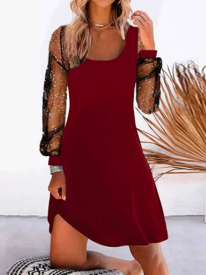 Dresses Solid Mesh Stitching Long Sleeve Dress - LuckyFash™