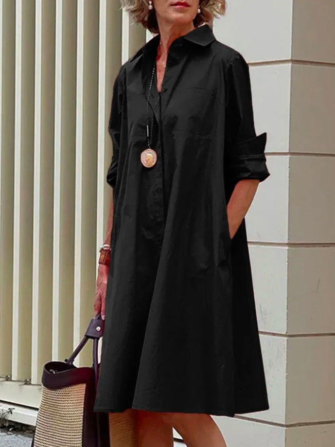 Dresses Solid Simple Pocket Long Sleeve Shirt Dress - LuckyFash™