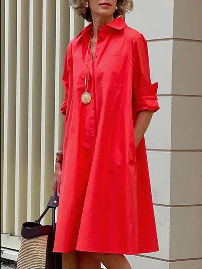 Dresses Solid Simple Pocket Long Sleeve Shirt Dress - LuckyFash™