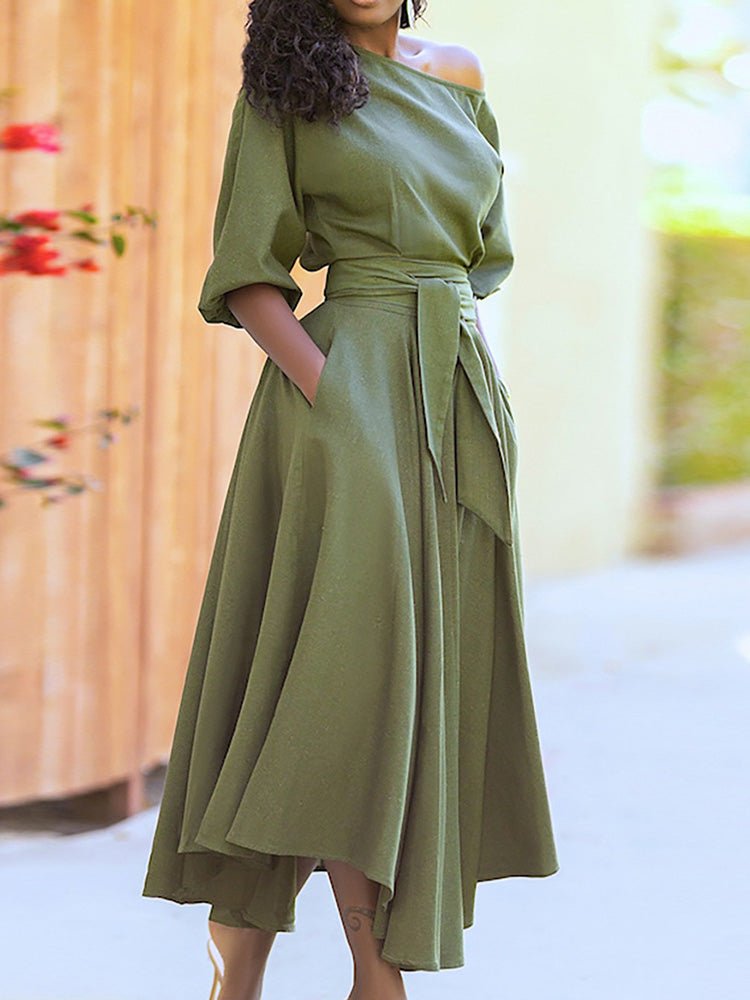 Dresses Solid Tie Pocket Long Sleeve Dress - LuckyFash™