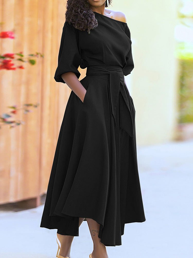 Dresses Solid Tie Pocket Long Sleeve Dress - LuckyFash™