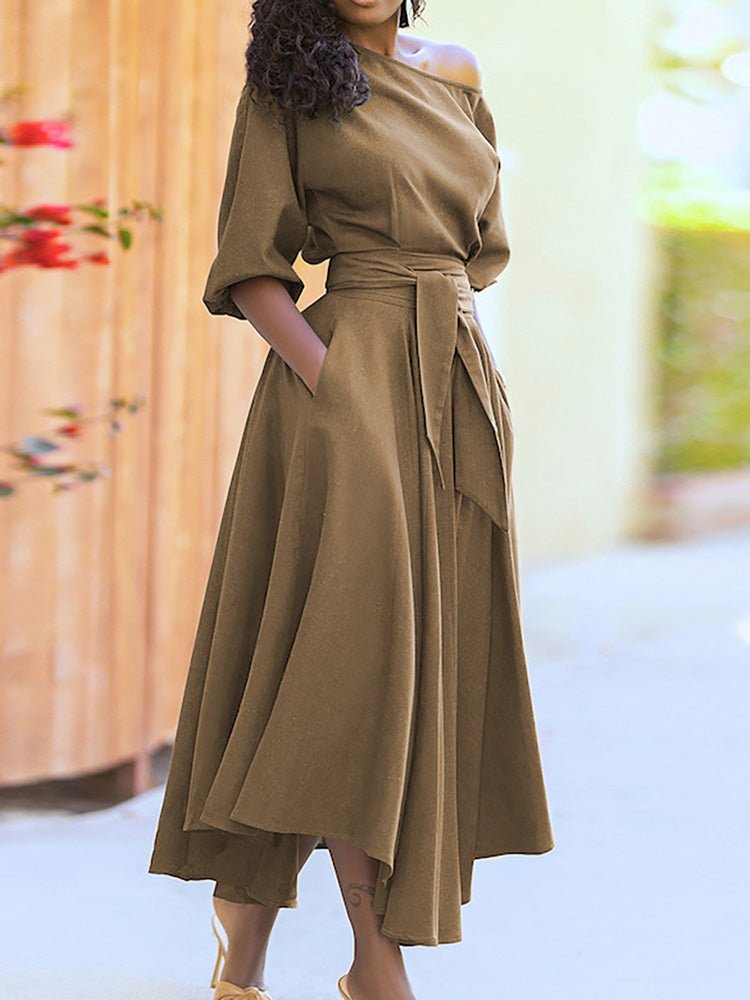 Dresses Solid Tie Pocket Long Sleeve Dress - LuckyFash™