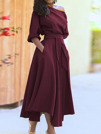 Dresses Solid Tie Pocket Long Sleeve Dress - LuckyFash™