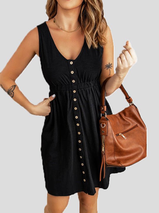 Dresses Solid V-Neck Button Sleeveless Dress - LuckyFash™