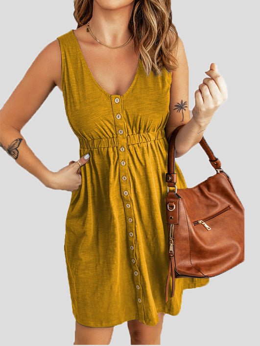 Dresses Solid V-Neck Button Sleeveless Dress - LuckyFash™