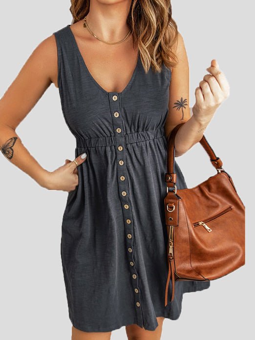 Dresses Solid V-Neck Button Sleeveless Dress - LuckyFash™