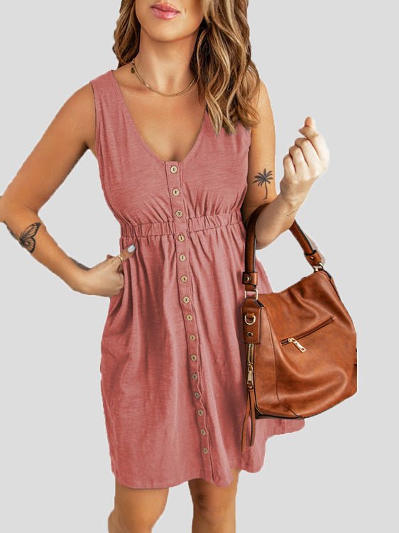 Dresses Solid V-Neck Button Sleeveless Dress - LuckyFash™