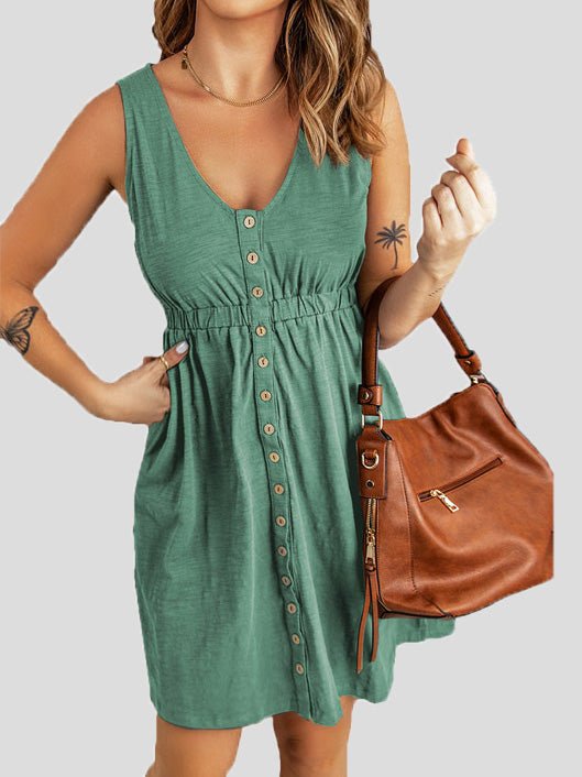 Dresses Solid V-Neck Button Sleeveless Dress - LuckyFash™