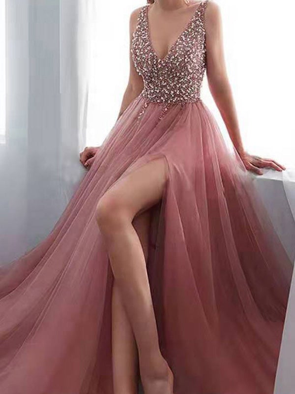 Women's Dresses Solid V-Neck Embroidered Sequin Slit Dress - LuckyFash™