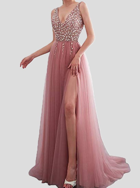 Women's Dresses Solid V-Neck Embroidered Sequin Slit Dress - LuckyFash™