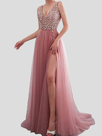 Women's Dresses Solid V-Neck Embroidered Sequin Slit Dress - LuckyFash™
