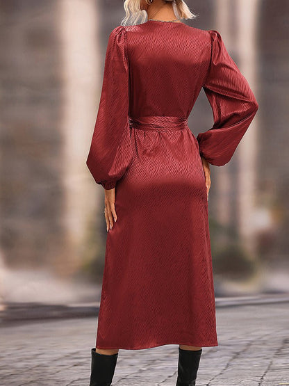 Dresses Solid V Neck High Slit Midi Dress - LuckyFash™