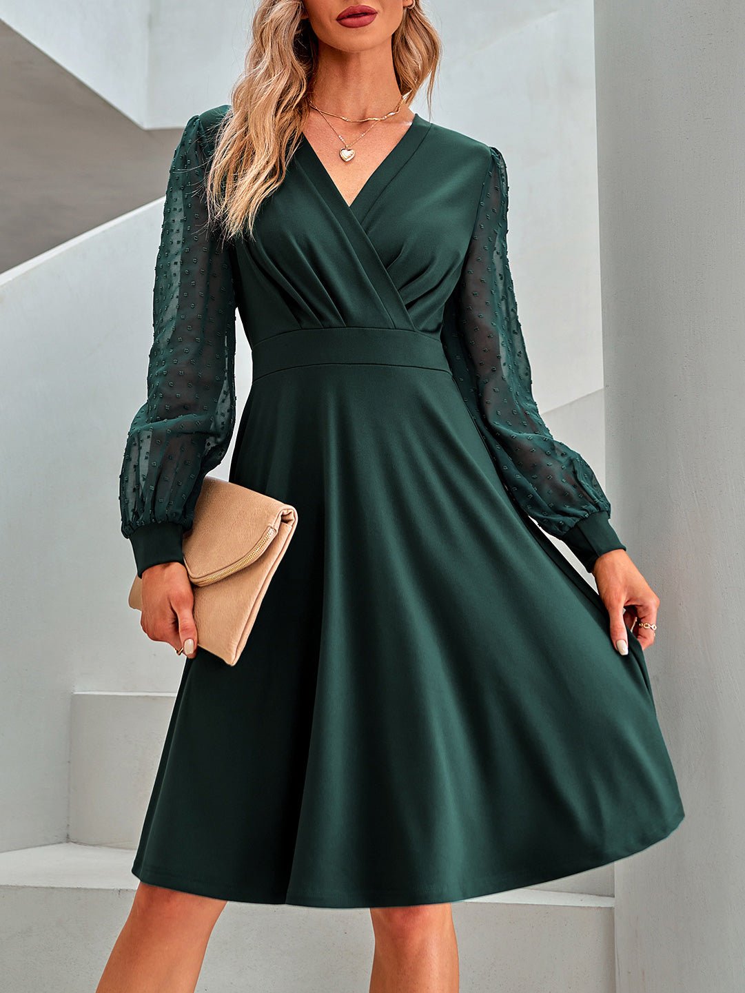 Dresses Solid V-Neck Jacquard Long Sleeve Dress - LuckyFash™