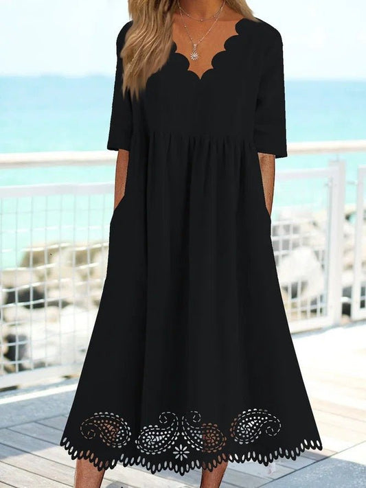 Dresses Solid Wave Neck Lace Panel Pocket Casual Dress - LuckyFash™