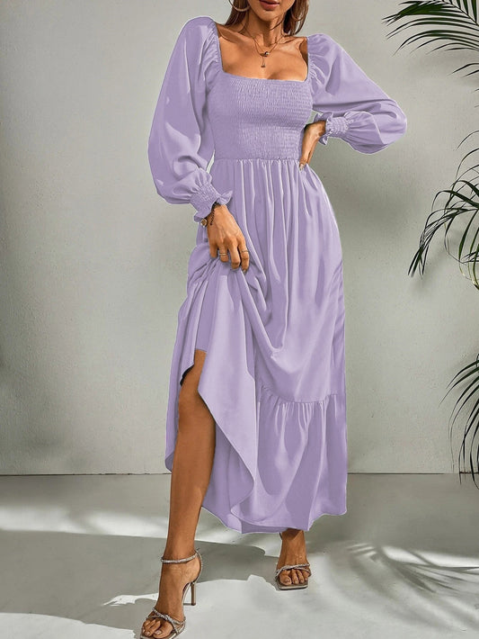 Dresses Square Neck High Waist Long Sleeve Ruffle Dress - LuckyFash™