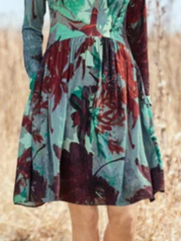 Women's Dresses Square Neck Long Sleeve Print Dress - LuckyFash™