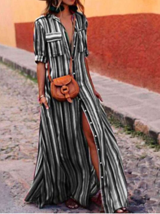 Dresses Striped Print Button Shirt Dress - LuckyFash™