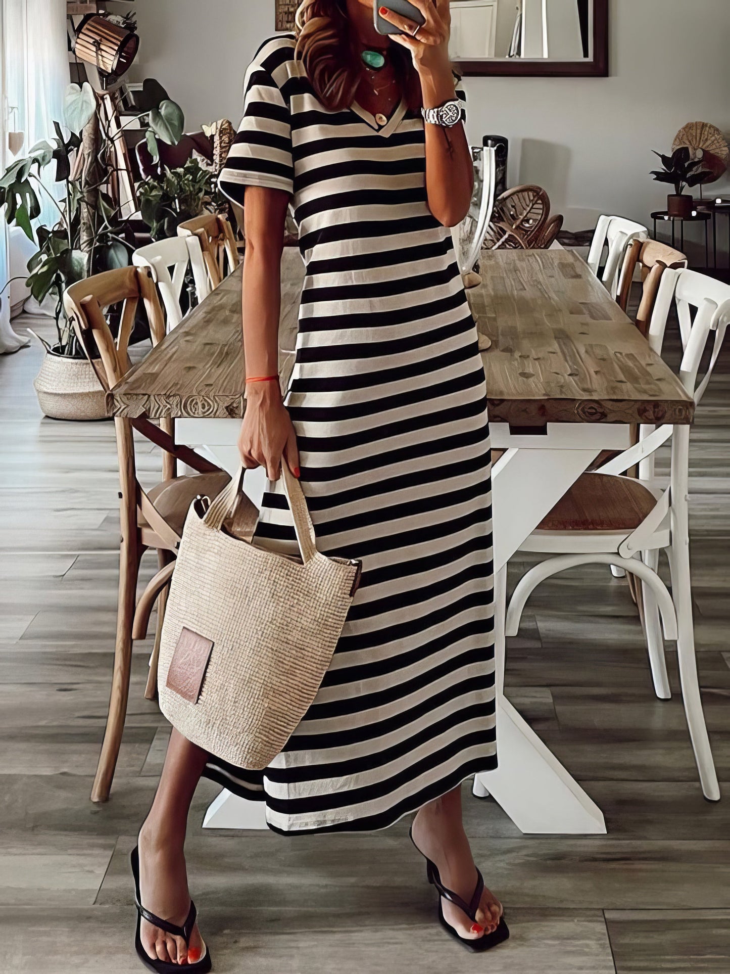 Dresses Striped Print V-Neck Short Sleeve Slit Dress - LuckyFash™