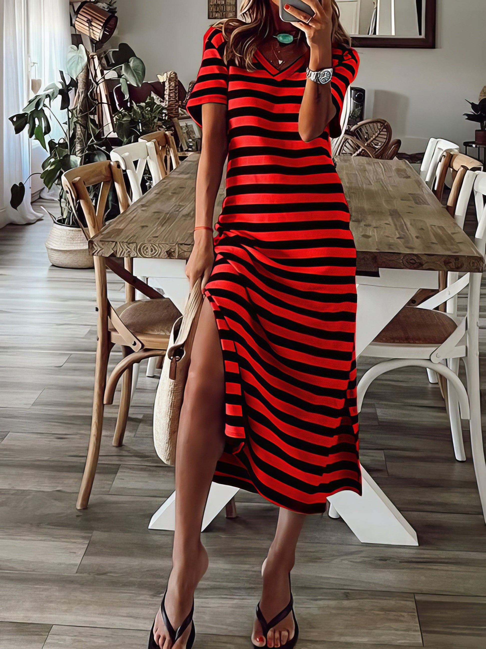 Dresses Striped Print V-Neck Short Sleeve Slit Dress - LuckyFash™