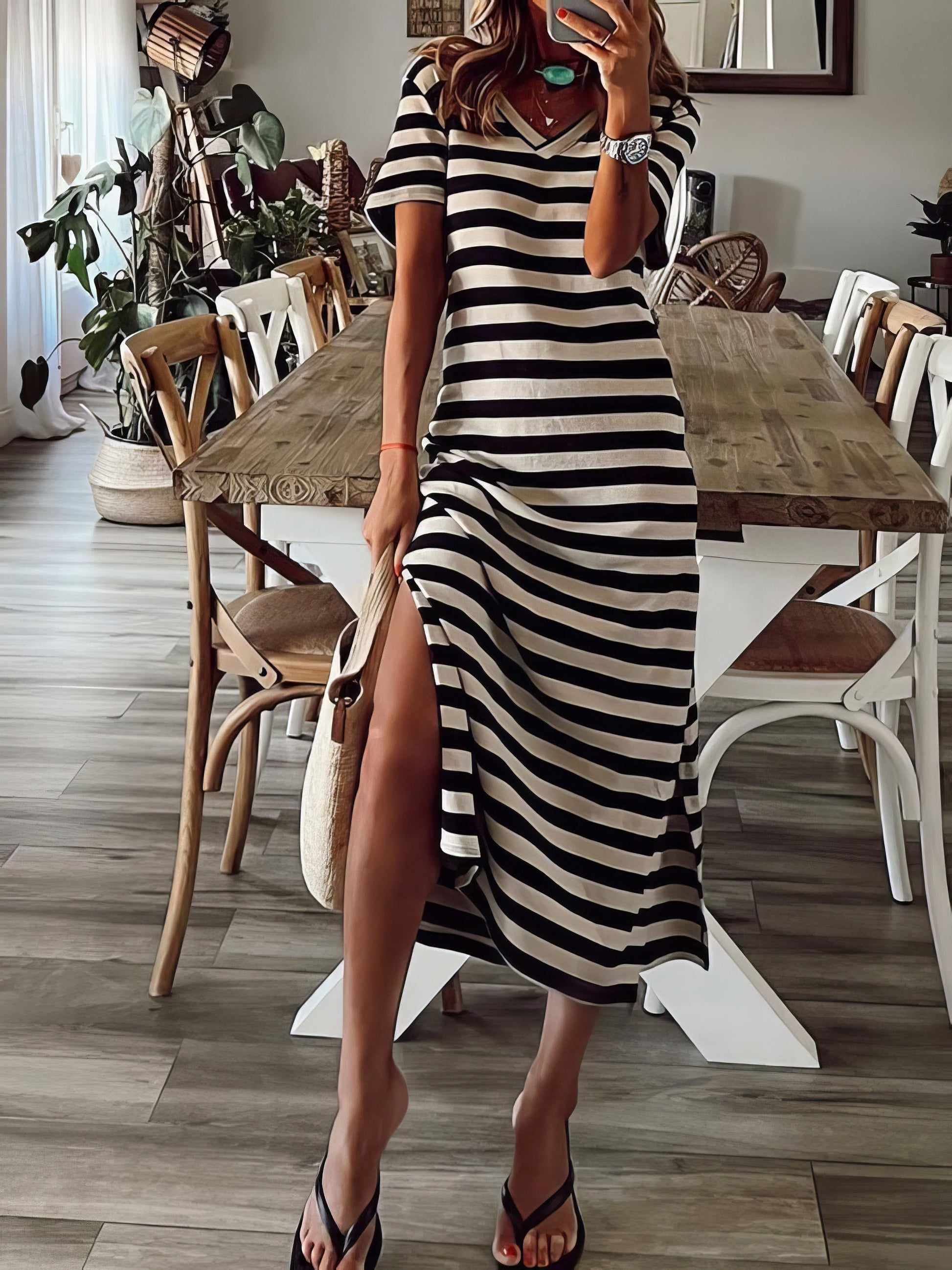 Dresses Striped Print V-Neck Short Sleeve Slit Dress - LuckyFash™