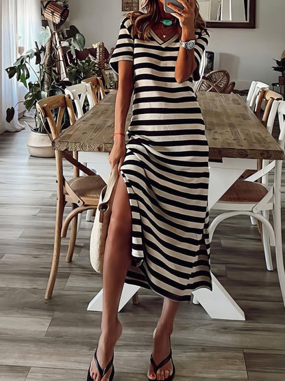 Dresses Striped Print V-Neck Short Sleeve Slit Dress - LuckyFash™