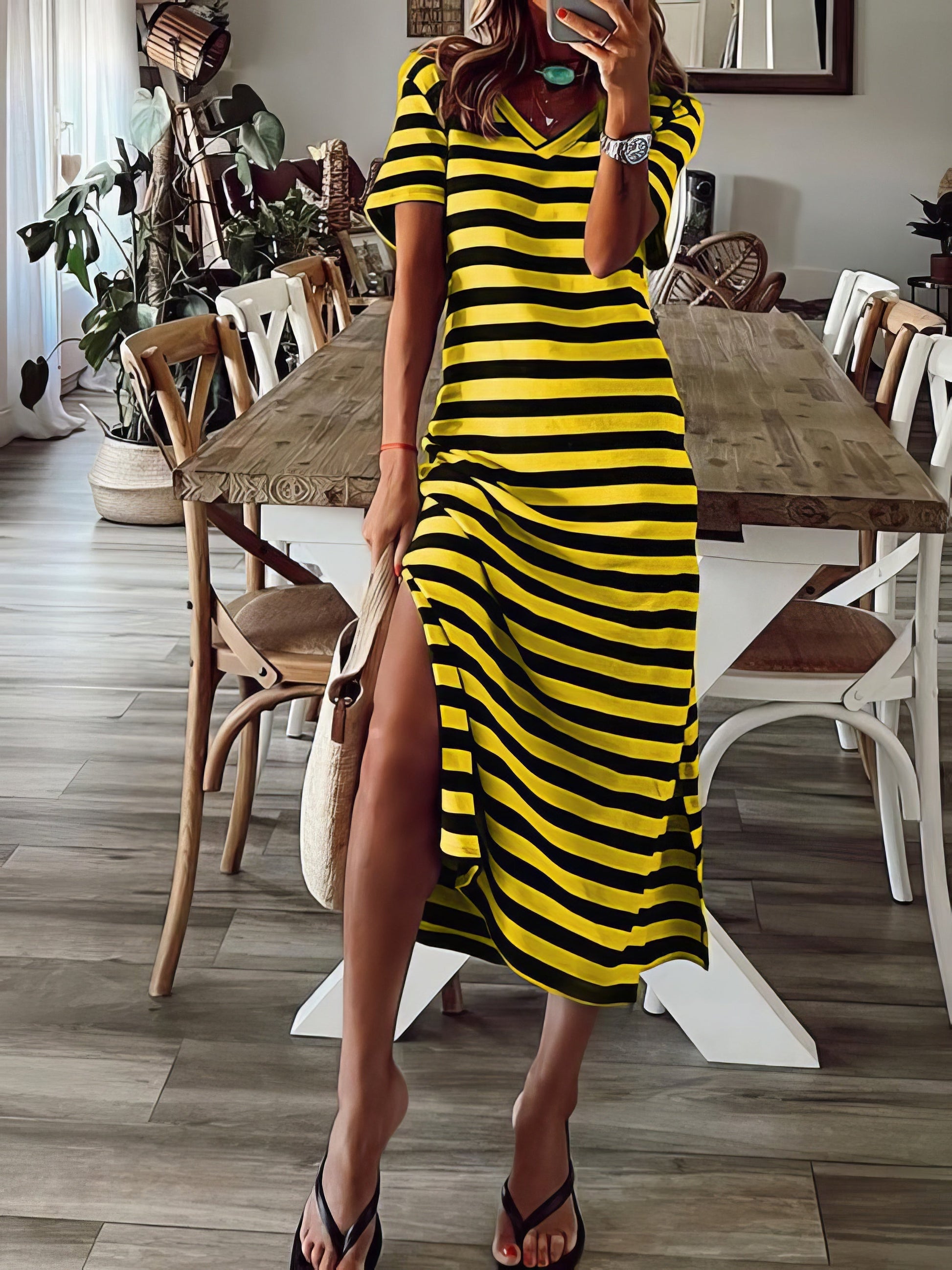 Dresses Striped Print V-Neck Short Sleeve Slit Dress - LuckyFash™