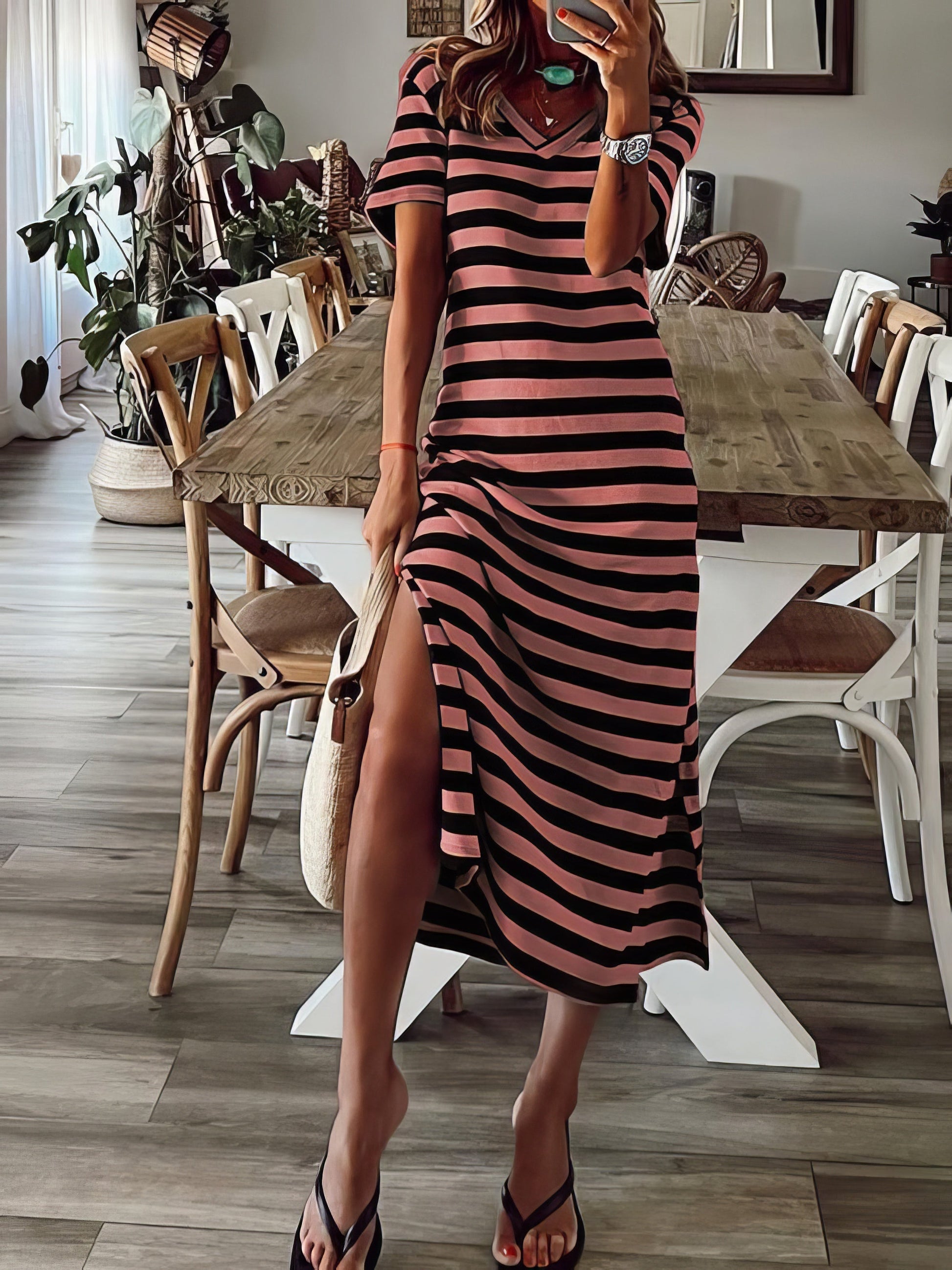 Dresses Striped Print V-Neck Short Sleeve Slit Dress - LuckyFash™