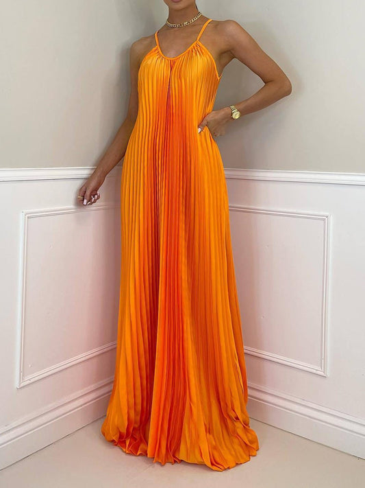Dresses Suspender Halterneck Pleated Sleeveless Dress - LuckyFash™