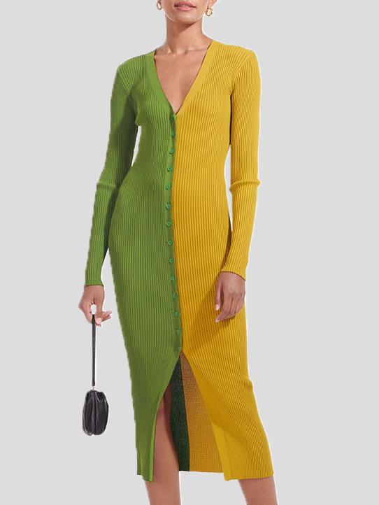 Women's Dresses Temperament Color Matching Button Long Sleeve Dress - LuckyFash™