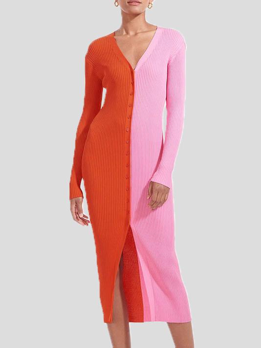 Women's Dresses Temperament Color Matching Button Long Sleeve Dress - LuckyFash™