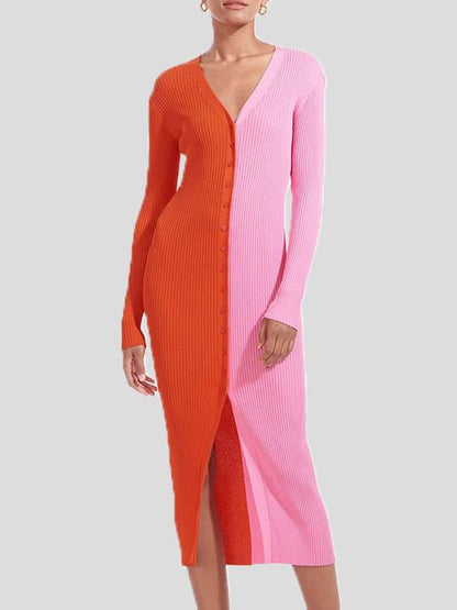 Women's Dresses Temperament Color Matching Button Long Sleeve Dress - LuckyFash™