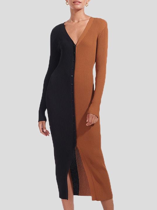 Women's Dresses Temperament Color Matching Button Long Sleeve Dress - LuckyFash™