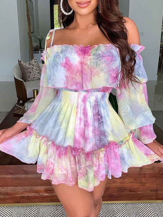 Dresses Tie-Dye Print One-Shoulder Elastic Waist Dress - LuckyFash™