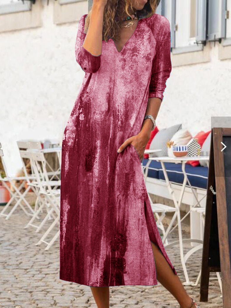 Dresses Tie-Dye Print V-Neck Slit Casual Dress - LuckyFash™