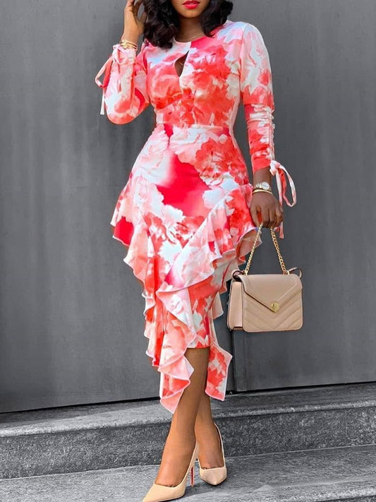 Dresses Tie-Dye Printed Long Sleeve Ruffle Fitted Dress - LuckyFash™