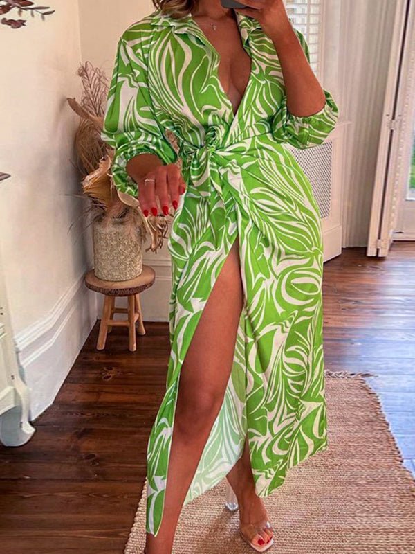 Dresses V-Neck Abstract Print Temperament Long Sleeve Midi Dress - LuckyFash™