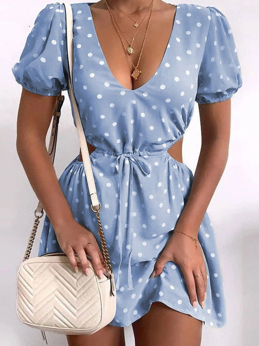 Dresses V-Neck Dot Print Hollow Elastic Waist Dress - LuckyFash™