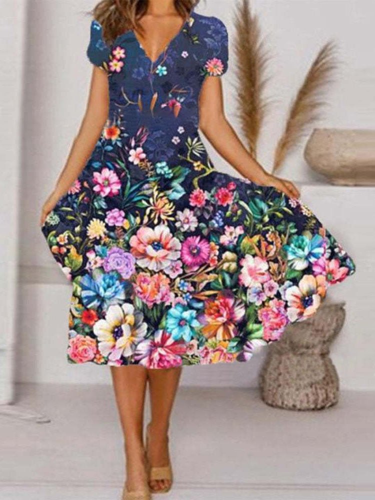 Dresses V-Neck Floral Print Short Sleeve Dress - LuckyFash™