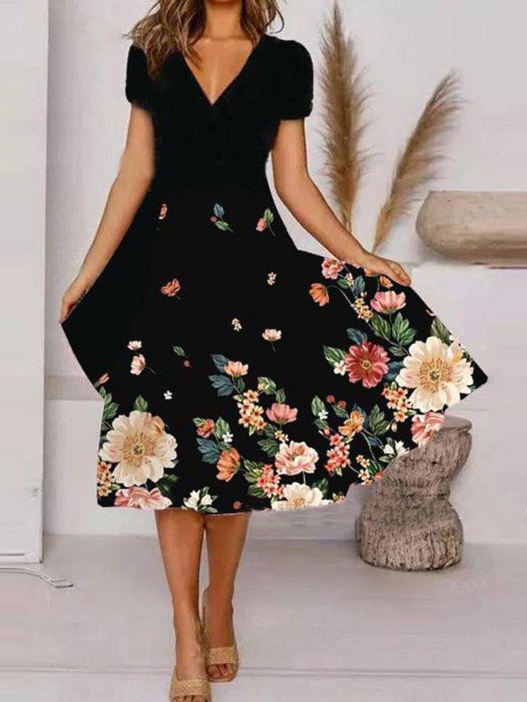 Dresses V-Neck Floral Print Short Sleeve Dress - LuckyFash™