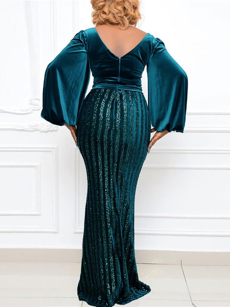 Dresses V-Neck Hollow Long Sleeve Sequin Slit Dress - LuckyFash™