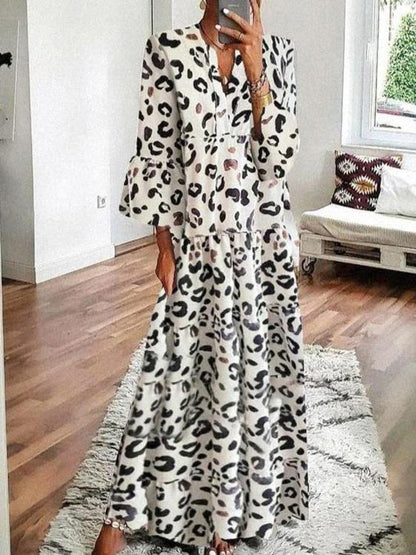 Women's Dresses V-Neck Leopard Print Boho Long Sleeve Dress - LuckyFash™