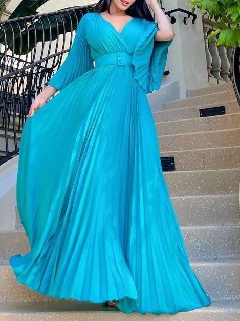 Dresses V-Neck Long Sleeve Pleated Dress - LuckyFash™