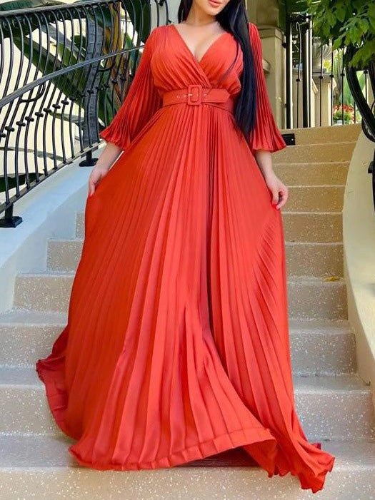 Dresses V-Neck Long Sleeve Pleated Dress - LuckyFash™