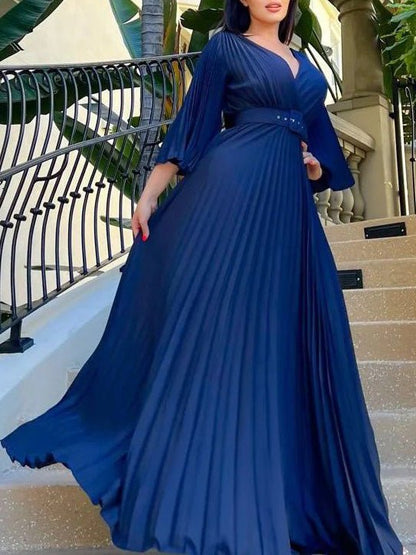 Dresses V-Neck Long Sleeve Pleated Dress - LuckyFash™