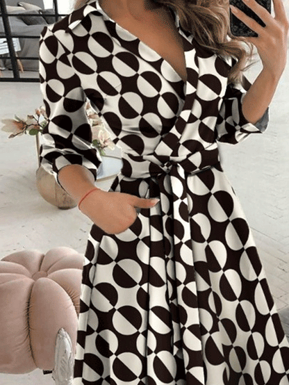 Women's Dresses V-Neck Long Sleeve Pocket Print Dress - LuckyFash™