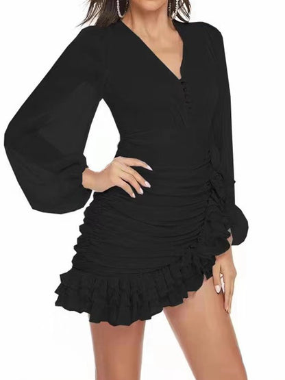 Dresses V-Neck Overlayed Pleated Mini Dress - LuckyFash™