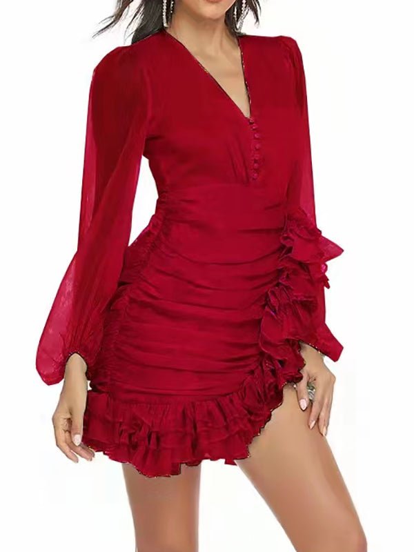 Dresses V-Neck Overlayed Pleated Mini Dress - LuckyFash™