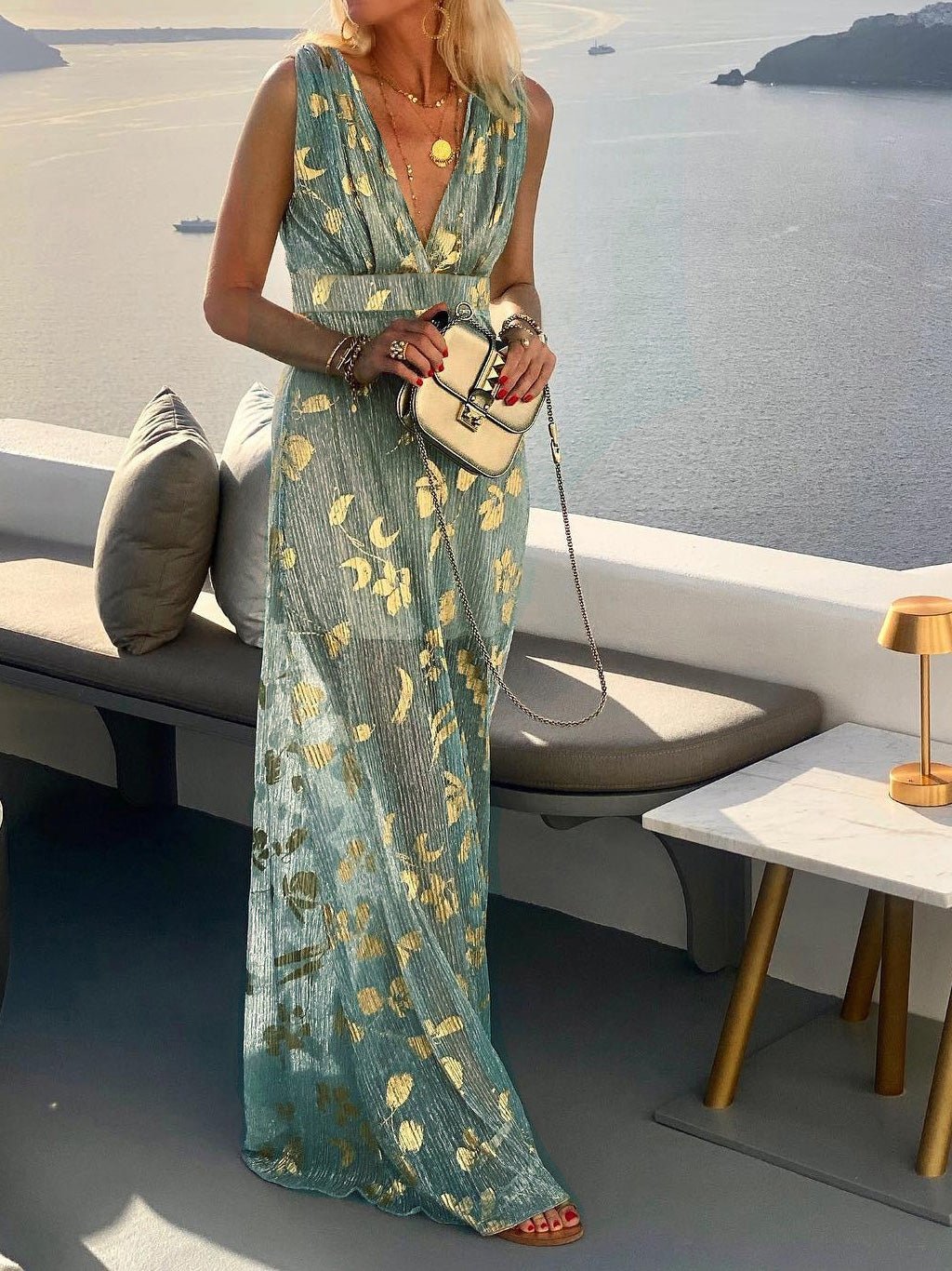 Women's Dresses V-Neck Print Hot Stamping Maxi Dress - LuckyFash™